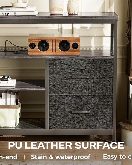 TV Stand Dresser with Power Outlets and LED Lights, 4 Drawers Entertainment Center with Shelves, 54in Media Console for 55 60 Inch TV, Dresser with PU Finish, Grey and Black - LeafyLoom