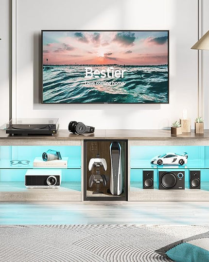 Bestier TV Stand for 70 inch TV, Gaming Entertainment Center for PS5, LED TV Cabinet with Glass Shelves for Living Room, 63'' Inch, White Wash - LeafyLoom