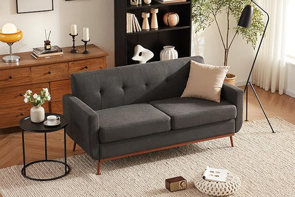 65" Loveseat Sofa, Mid Century Modern Love Seat Couches for Living Room, Comfy Upholstered Sofa Couch for Bedroom(Linen-Dark Grey) - LeafyLoom
