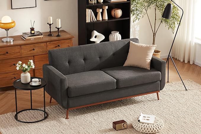 65" Loveseat Sofa, Mid Century Modern Love Seat Couches for Living Room, Comfy Upholstered Sofa Couch for Bedroom(Linen-Dark Grey) - LeafyLoom