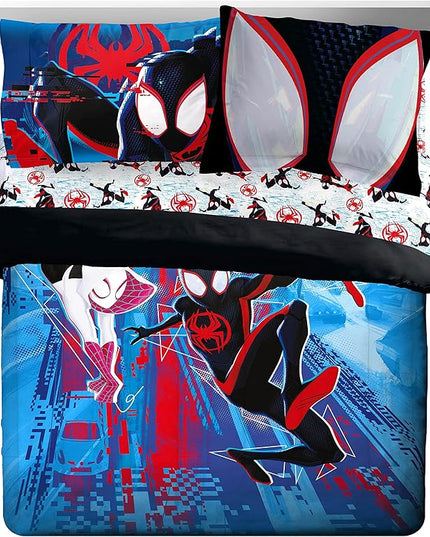 Marvel Spiderman Across The Spider-Verse Glitch 7 Piece Queen Size Bed Set - includes Comforter & Sheet Set Bedding - Super Soft Fade Resistant Microfiber (Official Product) - LeafyLoom