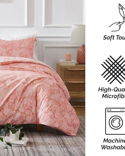 Southshore Fine Living, Inc. Oversized Full/Queen Comforter Set, Down Alternative Paisley Bedspread, Reversible Print is 2 Colors in 1, Queen/Full Comforter & Matching Shams, Coral/White - LeafyLoom