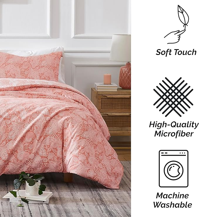 Southshore Fine Living, Inc. Oversized Full/Queen Comforter Set, Down Alternative Paisley Bedspread, Reversible Print is 2 Colors in 1, Queen/Full Comforter & Matching Shams, Coral/White - LeafyLoom