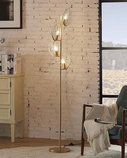 WOXXX Industrial Gold Floor Lamp with 4 Brush Black Finish Leaf Shade, Modern Tree Floor Lamps for Living Room Bedrooms Reading Standing Lamp Living Room Lamps Farmhouse Tall Lamp (4 Bulbs Included) - LeafyLoom