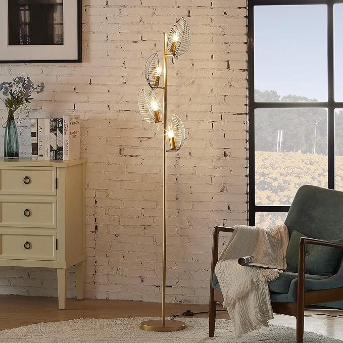 WOXXX Industrial Gold Floor Lamp with 4 Brush Black Finish Leaf Shade, Modern Tree Floor Lamps for Living Room Bedrooms Reading Standing Lamp Living Room Lamps Farmhouse Tall Lamp (4 Bulbs Included) - LeafyLoom
