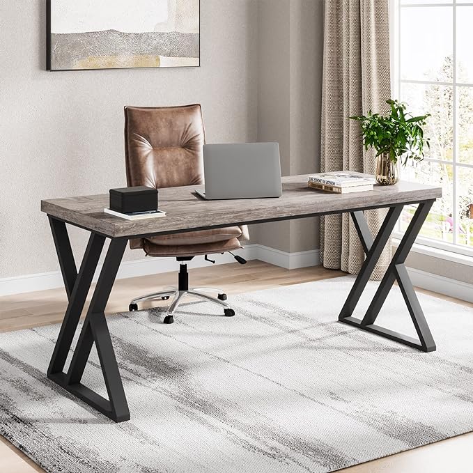 55 Inch Large Simple Industrial Computer Desk Study Writing Table Home Office Workstation,Grey - LeafyLoom