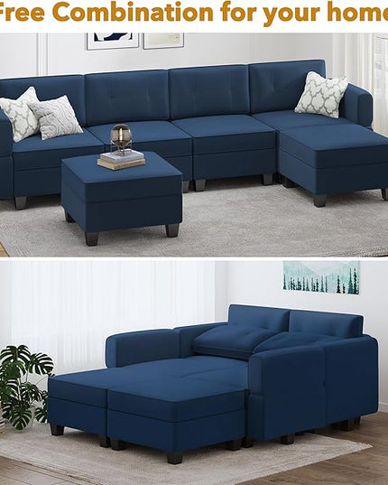 Modular Sectional Sofa, Convertible Sectional Couches for Living Room L Shaped Sofa Couch with Storage Ottoman, High Supportive 6 Seats Reversible Sectionals 113'' with Chaise, Dark Blue - LeafyLoom