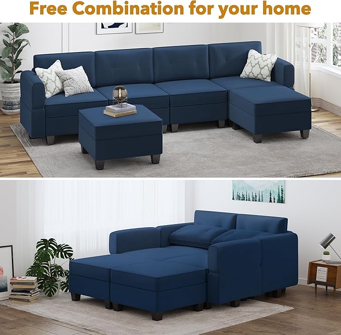 Modular Sectional Sofa, Convertible Sectional Couches for Living Room L Shaped Sofa Couch with Storage Ottoman, High Supportive 6 Seats Reversible Sectionals 113'' with Chaise, Dark Blue - LeafyLoom