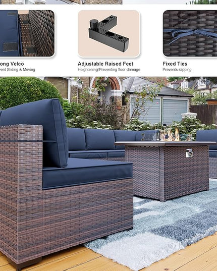 Kullavik 10 Pieces Outdoor Patio Furniture Set with 43" Gas Propane Fire Pit Table PE Wicker Rattan Sectional Sofa Patio Conversation Sets,Navy Blue - LeafyLoom