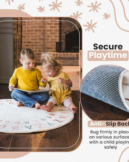 ABC Rug for Kids Room | 40 Inch Round Alphabet Rug with Capital and Lowercase Letters | ABC Boho Classroom Rug for Alphabet Learning - LeafyLoom