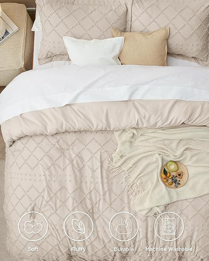 Bedsure Queen Comforter Set - Beige Comforter, Boho Tufted Shabby Chic Bedding Comforter Set, 3 Pieces Vintage Farmhouse Bed Set for All Seasons, Fluffy Soft Bedding Set with 2 Pillow Shams - LeafyLoom