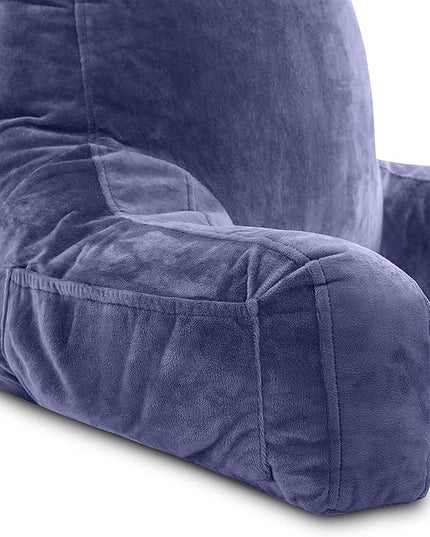 Husband Pillow XXL Dark Blue Backrest with Arms - Adult Reading Pillow Shredded Memory Foam, Ultra-Comfy Removable Microplush Cover & Detachable Neck Roll, Unmatched Support Bed Rest Sit Up Pillow - LeafyLoom