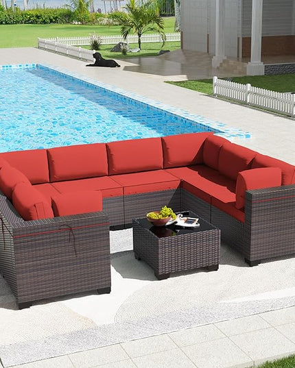 Kullavik 9PCS Outdoor Patio Furniture Set PE Wicker Rattan Sectional Sofa Patio Conversation Sets,Red - LeafyLoom