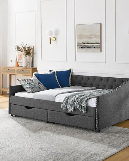 RITSU Full Size Mid-Century Daybed, 2 Storage Drawers,Linen Button Upholstered Tufted Sofa Bed, Copper Nail on Waved Shape Arms, No Box Spring Needed,for Bedroom, Livingroom, 80.50, Dark Grey-2 - LeafyLoom