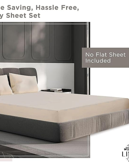 Linen Home 100% Cotton Percale Fitted Sheet Set Queen Size, Ivory, Deep Pocket, 3 Piece -1 Deep Pocket Fitted Sheet and 2 Pillowcases, Crisp Cool and Strong Bed Linen - LeafyLoom