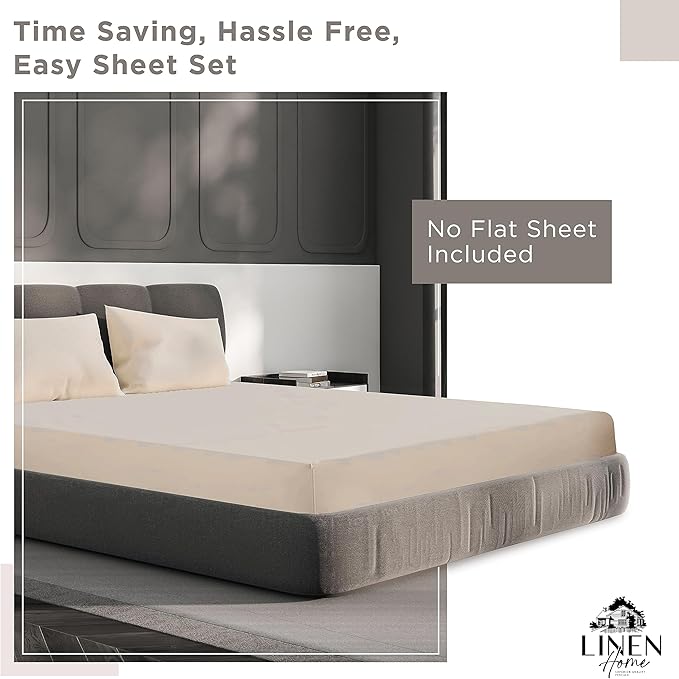 Linen Home 100% Cotton Percale Fitted Sheet Set Queen Size, Ivory, Deep Pocket, 3 Piece -1 Deep Pocket Fitted Sheet and 2 Pillowcases, Crisp Cool and Strong Bed Linen - LeafyLoom