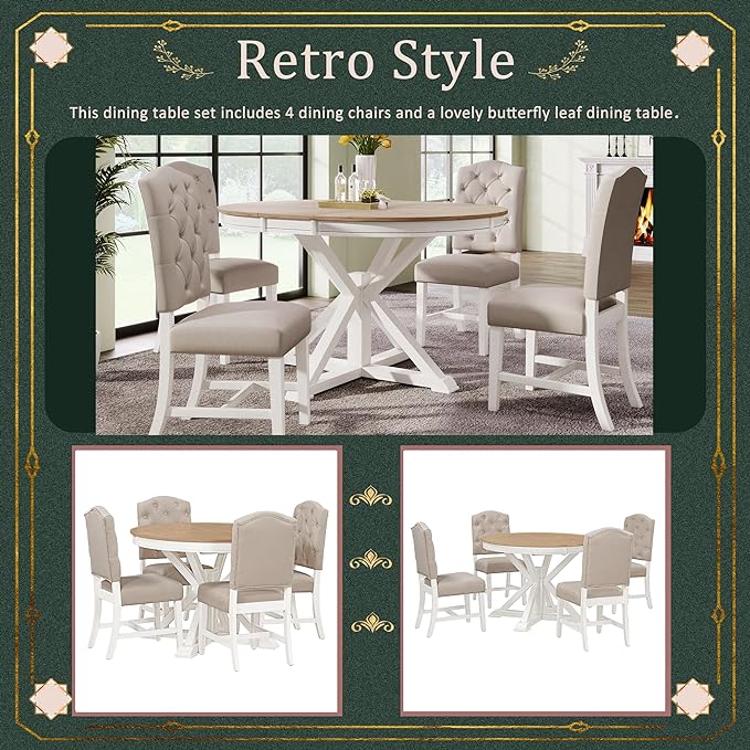 NicBex Kitchen Table Set Dining Room Table Set for 4 Retro Style Dining Table Set with Extendable Table and 4 Upholstered Chairs for Dining Room and Living Room, Oak Natural Wood + Off White - LeafyLoom