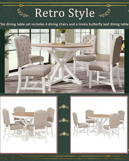 Small Dining Table Set for 4-6, Modern Round Extendable Table and Upholstered Chairs, X-Shaped Cross Base, Button Tufting Backrest, Retro Style Home Furniture for Small Spaces, Living Room - LeafyLoom