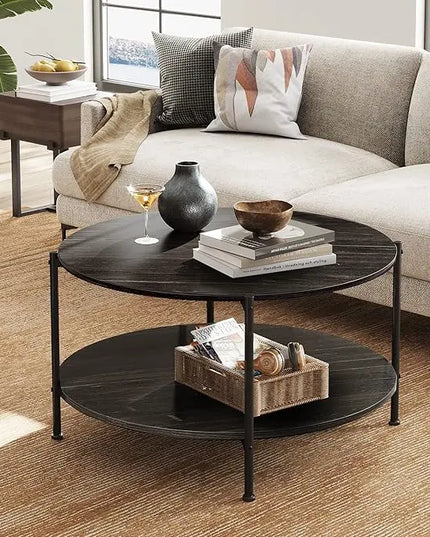 WLIVE Round Coffee Table, Rustic 2-Tier Circle Coffee Table with Open Storage Shelf, Industrial 32.6" Wood Round Center Table for Living Room, Bedroom, Home Office, Charcoal Black - LeafyLoom