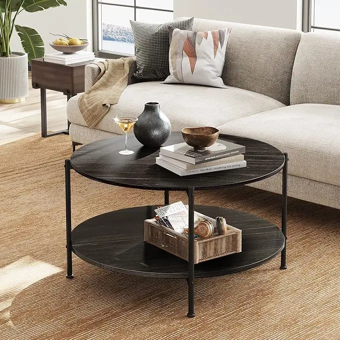 WLIVE Round Coffee Table, Rustic 2-Tier Circle Coffee Table with Open Storage Shelf, Industrial 32.6" Wood Round Center Table for Living Room, Bedroom, Home Office, Charcoal Black - LeafyLoom