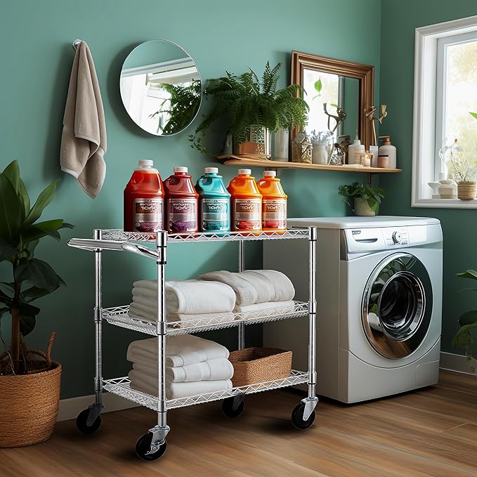 Finnhomy 3 Tier Heavy Duty Commercial Grade Utility Cart, Wire Rolling Cart with Handle Bar, Steel Service Cart with Wheels, Utility Shelf Plant Display Shelf Food Storage Trolley, NSF Listed - LeafyLoom