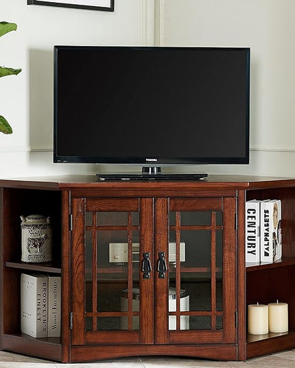 Leick Home 82287 Corner Stand with Bookcase Ends TV's, 50-inch, Mission Oak & ture Mission Drawer End Table, Solid ash and oak veneers, 22 in x 25 in x 23 in, Russet - LeafyLoom