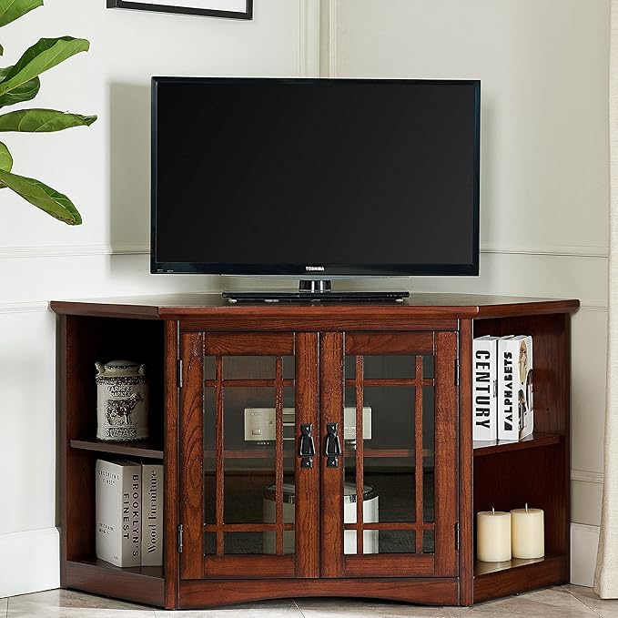Leick Home 82287 Corner Stand with Bookcase Ends TV's, 50-inch, Mission Oak & ture Mission Drawer End Table, Solid ash and oak veneers, 22 in x 25 in x 23 in, Russet - LeafyLoom