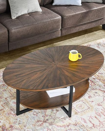 Solid Wood Oval Coffee Table with Cross Metal Legs, 43.3in Modern Industrail Center Table with Open Shelf Cocktail Tea Table for Living Room Bedroom, Rustic Brown 1811NC - LeafyLoom