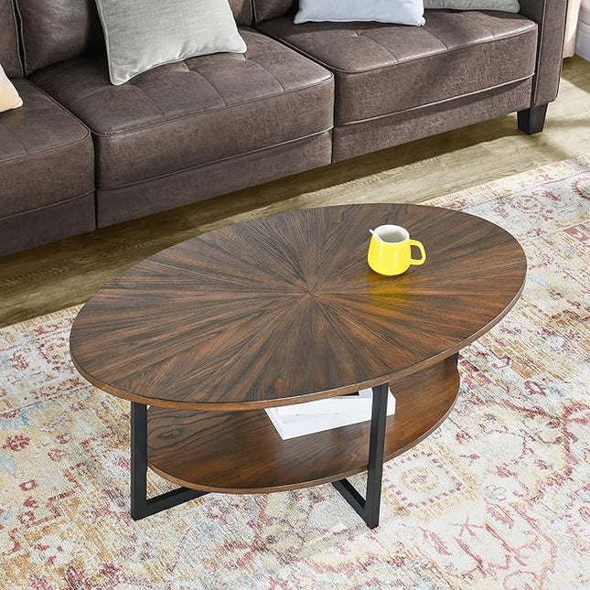 Solid Wood Oval Coffee Table with Cross Metal Legs, 43.3in Modern Industrail Center Table with Open Shelf Cocktail Tea Table for Living Room Bedroom, Rustic Brown 1811NC - LeafyLoom