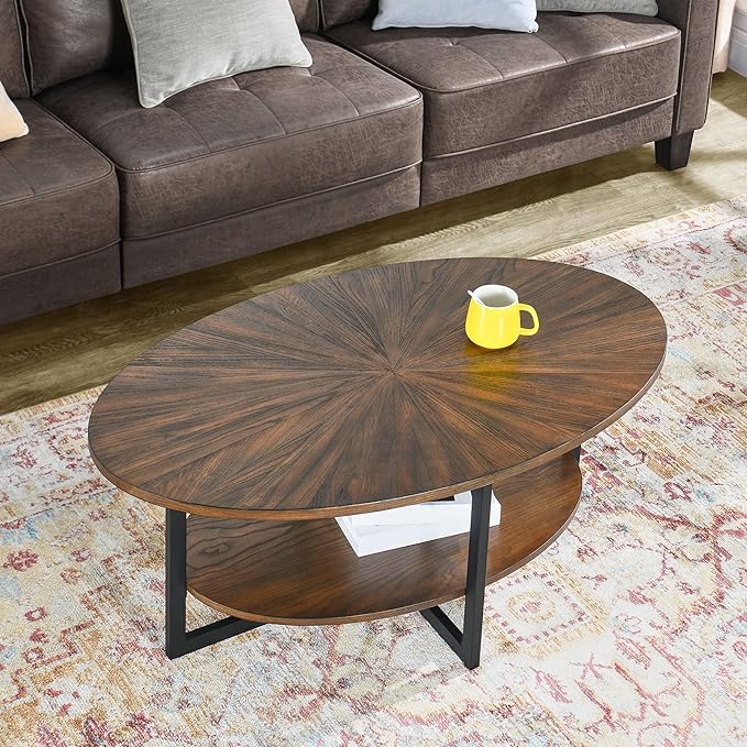 Solid Wood Oval Coffee Table with Cross Metal Legs, 43.3in Modern Industrail Center Table with Open Shelf Cocktail Tea Table for Living Room Bedroom, Rustic Brown 1811NC - LeafyLoom