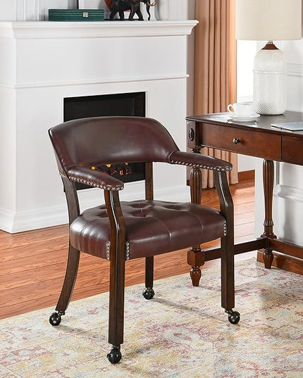 Dining Chairs with Casters and Arm, Large Rolling Dining Chairs with Wheel, Poker Table Chairs, Boss Caption's Chairs, 26"D x 25.2"W x 31.5"H, Espresso Legs & Wine Red Brown PU, XXY-1910-WR - LeafyLoom