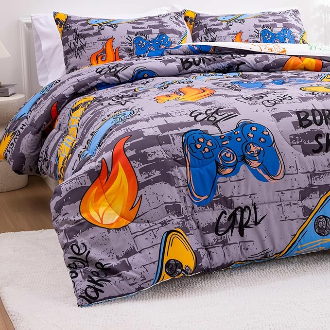 Btargot Gaming Stone Pattern Comforter Set for Boys Girls Kids, 3 Pieces Reversible Skateboard Game Console Flame Painting Bedding Set, Grey Twin - LeafyLoom