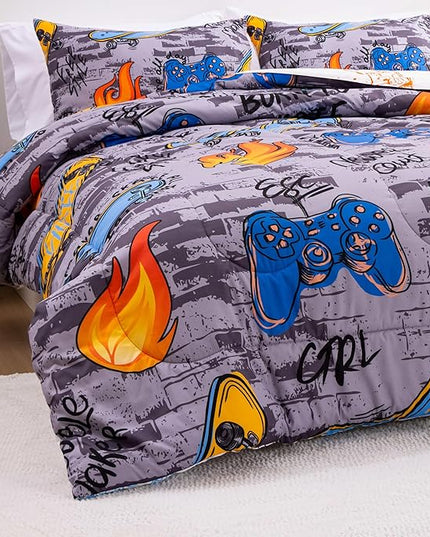 Btargot Gaming Stone Pattern Comforter Set for Boys Girls Kids, 3 Pieces Reversible Skateboard Game Console Flame Painting Bedding Set, Grey Full - LeafyLoom