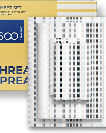 THREAD SPREAD 100% Egyptian Cotton Printed Bed Sheets - 600 Thread Count 4 PC Full Sheet Set, Hotel Luxury Sateen Bedsheets, 16" Deep Pocket Soft Cooling Sheets for Full Size Bed - Dotted Stripe - LeafyLoom