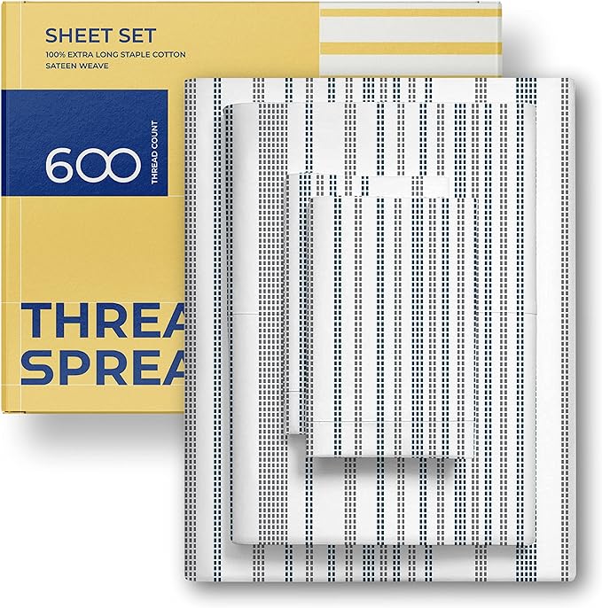 THREAD SPREAD 100% Egyptian Cotton Printed Bed Sheets - 600 Thread Count 3 PC Twin XL Sheet Set, Hotel Luxury Sateen Bedsheets, 16" Deep Pocket Cooling Sheets for Twin XL Size Bed - Dotted Stripe - LeafyLoom