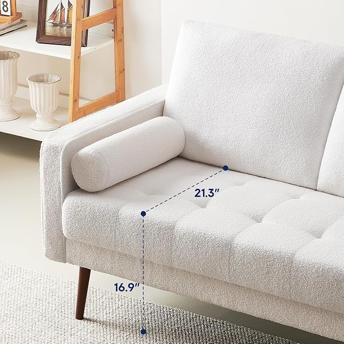 Vonanda 56" Loveseat Small Couch, Mid-Century 2 Seater Sofa velvet boucle Couch with Hand-Stitched Comfort Cushion and Bolster Pillows for Living Room, Loveseat Boucle White - LeafyLoom
