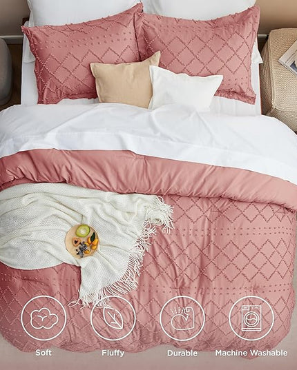 Bedsure Full Size Comforter Set - Pink Clay Comforter, Boho Tufted Shabby Chic Bedding Comforter Set, 3 Pieces Vintage Farmhouse Bed Set for All Seasons, Fluffy Soft Bedding Set with 2 Pillow Shams - LeafyLoom
