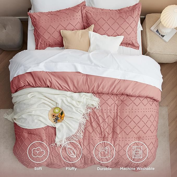Bedsure Queen Comforter Set - Pink Clay Boho Comforter, Tufted Shabby Chic Bedding Comforter Set, 3 Pieces Vintage Farmhouse Bed Set for All Seasons, Fluffy Soft Bedding Set with 2 Pillow Shams - LeafyLoom