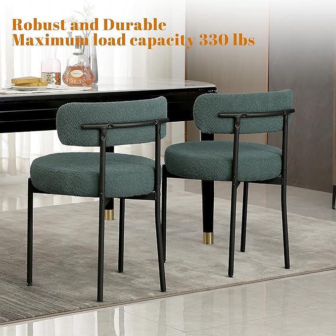 DYHOME Green Dining Chairs Set of 6, Mid-Century Modern Dining Chairs, Kitchen Dining Room Chairs, Curved Backrest Round Upholstered Boucle Sherpa Dining Chair with Black Metal Legs - LeafyLoom
