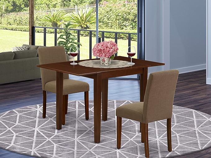 East West Furniture 1NDAB3-MAH-18 3 Piece Kitchen Set Contains a Rectangle Room Table with Dropleaf and 2 Coffee Linen Fabric Parson Dining Chairs, 30x48 Inch - LeafyLoom
