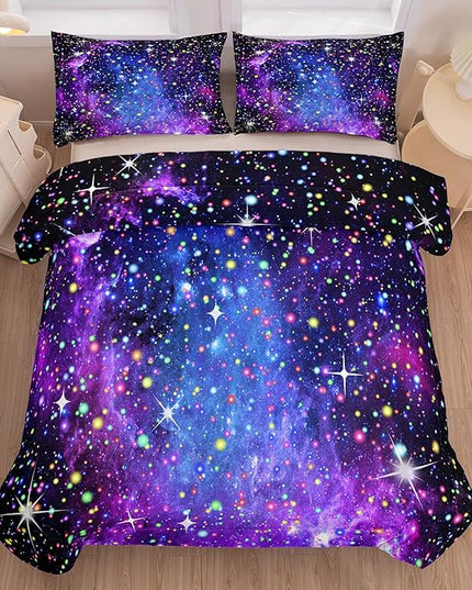 Kids Comforter Sets for Teen Girls, Purple Blue Galaxy Glitter Bedding Set for All Season, Purple Twin Bedding Sets for Kids Boys (Twin, 2 Pieces) - LeafyLoom