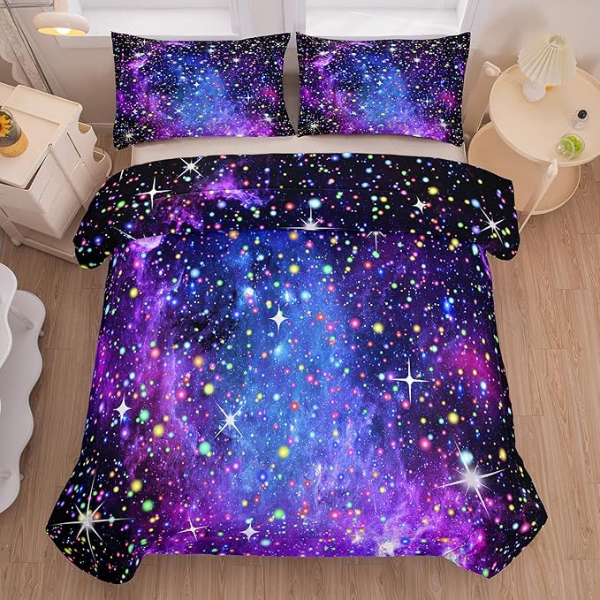 Kids Comforter Sets for Teen Girls, Purple Blue Galaxy Glitter Bedding Set for All Season, Purple Twin Bedding Sets for Kids Boys (Twin, 2 Pieces) - LeafyLoom