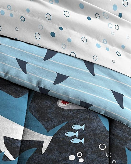 dream FACTORY Kids 5-Piece Complete Set Easy-Wash Super Soft Microfiber Comforter Bedding, Twin, Blue Sharks - LeafyLoom