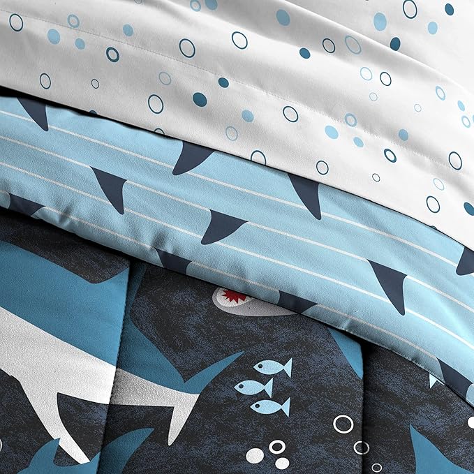 dream FACTORY Kids 5-Piece Complete Set Easy-Wash Super Soft Microfiber Comforter Bedding, Twin, Blue Sharks - LeafyLoom