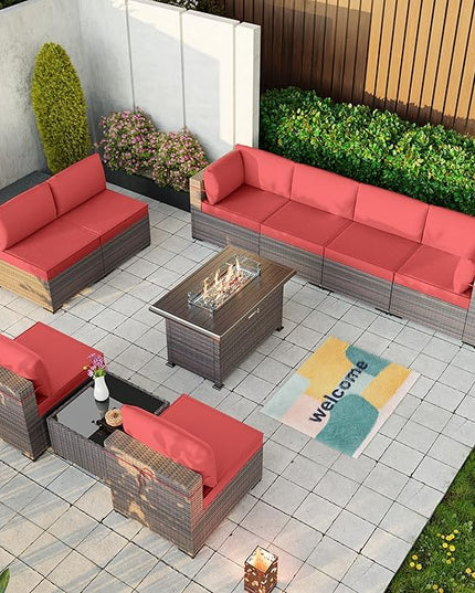 Kullavik 10 Pieces Outdoor Patio Furniture Set with 43" Gas Propane Fire Pit Table PE Wicker Rattan Sectional Sofa Patio Conversation Sets,Red - LeafyLoom