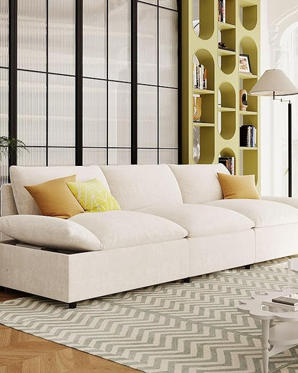 119.5'' 3 Seater Modern Sectional Sofa with 2 Built-in Storage Units on Armrest, Large Seating Depth Design Upholstered Couch Set for Living Room, Office, Apartment, Beige, 119.5 Inch - LeafyLoom