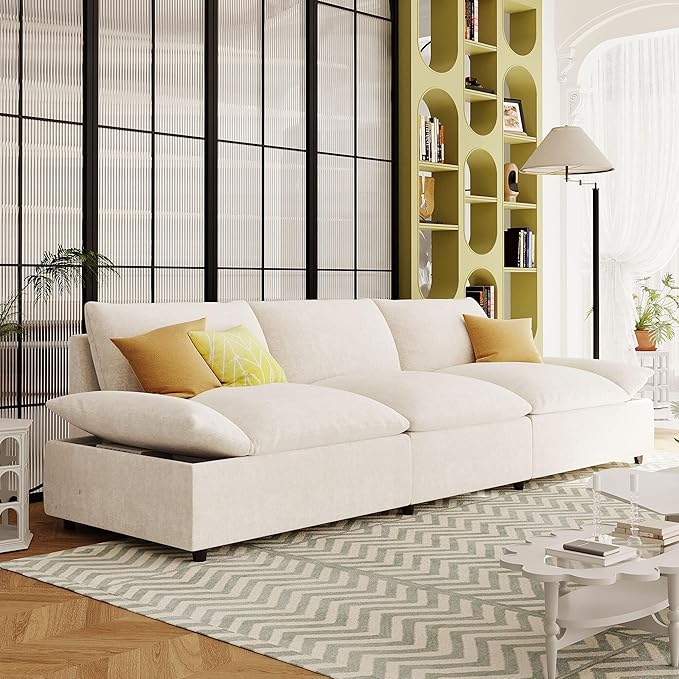 119.5'' 3 Seater Modern Sectional Sofa with 2 Built-in Storage Units on Armrest, Large Seating Depth Design Upholstered Couch Set for Living Room, Office, Apartment, Beige, 119.5 Inch - LeafyLoom