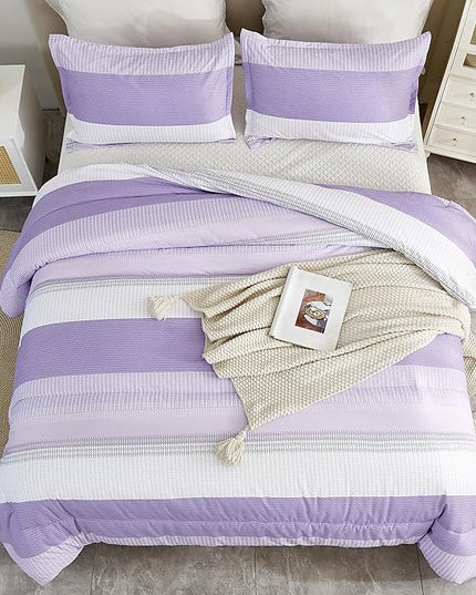 Litanika Lavender Purple Comforter Set Full Size, 3 Pieces Girls Women Lightweight Bedding Comforter Set, All Season Purple White Colorblock Fluffy Bed Set - LeafyLoom