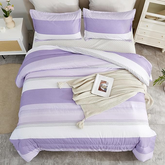 Litanika Lavender Comforter Set Queen - 3 Pieces Lightweight Lavender Purple White Colorblock Stripe Fluffy Bedding Comforter Sets, All Season Bed Set - LeafyLoom