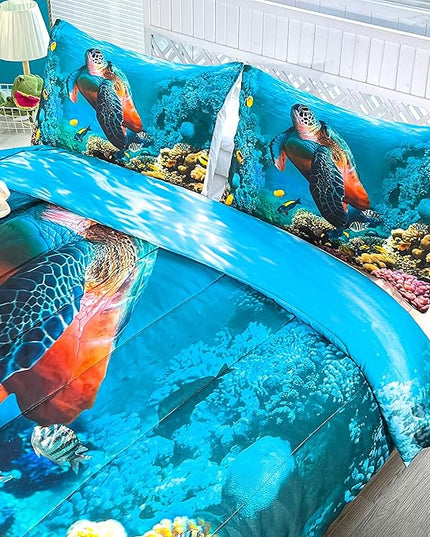 CVHOUSE Sea Turtle Bedding Set,Sea Turtle Comforter Twin,Ocean Beach Comforter Set for Boys Kids Girls,Ocean Quilt Set with 1 Comforter and 2 Pillow Cases - LeafyLoom